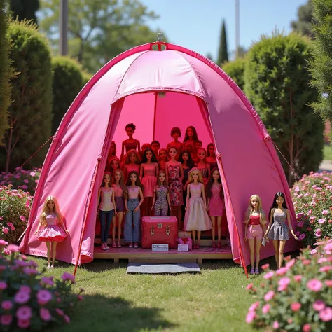 Create a hyper-realistic photograph of a unique Barbie-themed scene. In a garden, a small pink mountaineering tent stands with its entrance open, revealing an extraordinary collection of around 100 Barbie dolls, all meticulously arranged in standing positi...