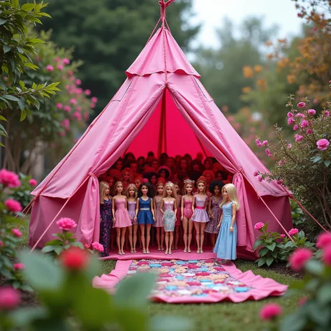 Create a hyper-realistic photograph of a unique Barbie-themed scene. In a garden, a small pink mountaineering tent stands with its entrance open, revealing an extraordinary collection of around 100 Barbie dolls, all meticulously arranged in standing positi...