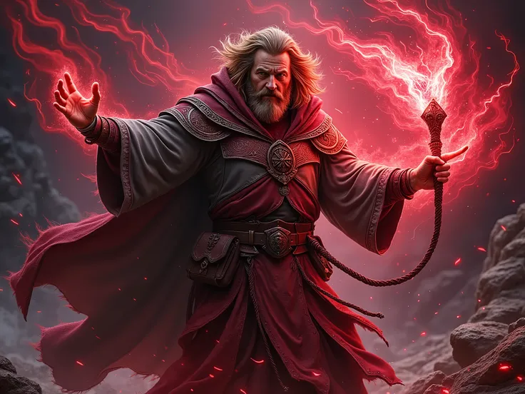 a powerful wizard using red-hued arcane magic, he moves rocks and his power is high, 8k