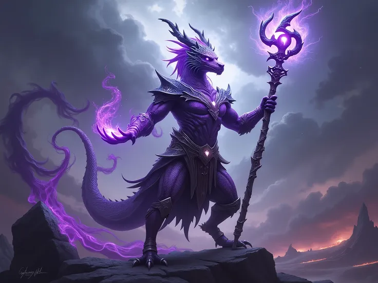 purple primordial half-dragon man, using a staff and casting black magic, 8k, high quality, wonderful art, dynamic pose, illustration, absolute cinema