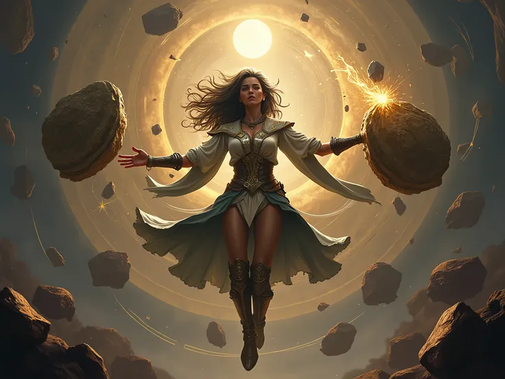 a brunette mage, flying and making stones float while conjuring a large magical shield field of mana, she is an earth mage, very powerful, protecting her tribe, ((FULL BODY)), 8k, high quality, illustration