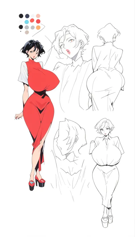 Character sheet, conceptart, white background, simple background, full body, white woman, high cheekbones, sleek hair, pixie cut hair, split bangs, black hair, big lips, glossy lips, pale skin, tall, curvaceous, wide hips, massive breasts, huge ass, red dr...