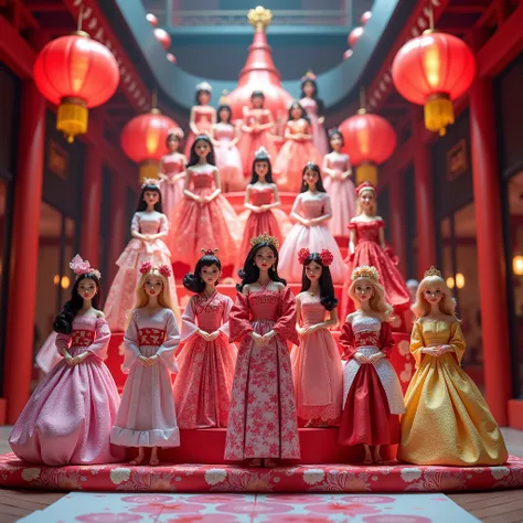 Create a hyper-realistic photograph capturing a unique Barbie-themed Hinamatsuri celebration. The scene showcases a meticulously arranged tiered platform adorned with Barbie dolls, posed elegantly in a professional figure photography style. The intricate d...