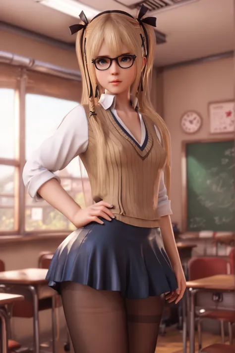 score_9, score_7, score_8, girl, marie rose, frowning, classroom interior background, (wearing glasses), (brown sweater vest), collared shirt, short black skirt, wide hips, thick thighs, black leggings, cowboy shot, hand on hip, 3d style, soft shading, (be...