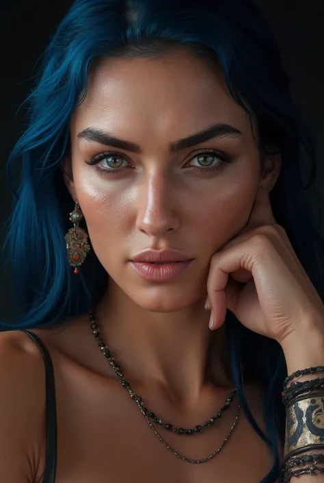 a photorealistic portrait of a 20-year-old European woman propping her chin on her hand, a bored expression, light makeup, detailed flawless skin with pores, expressive eyebrows, dark smoky contour around the eyes, piercing green eyes, red lipstick with da...