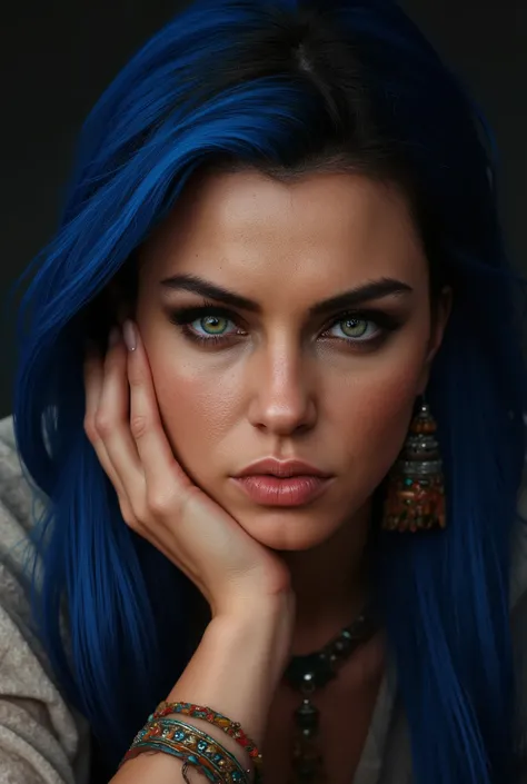 a photorealistic portrait of a 20-year-old European woman propping her chin on her hand, a bored expression, light makeup, detailed flawless skin with pores, expressive eyebrows, dark smoky contour around the eyes, piercing green eyes, red lipstick with da...