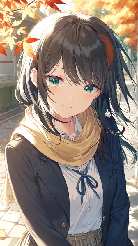 A beautiful young Korean high school girl standing on a film set at her school courtyard during the early morning. She is wearing a neat school uniform with a navy blazer, white shirt, plaid skirt, and a soft beige scarf around her neck. She has long, slig...