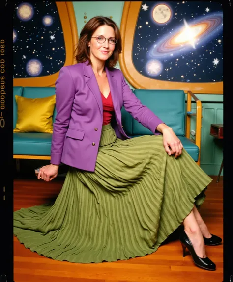  In an interstellar office adorned with vintage charm, a demure, mature therapist, dressed in a crisp uniform jacket and a blouse, reveals her alluring feminine grace. Her long, pleated skirt sweeps dramatically across the metallic floor, each fold a testa...