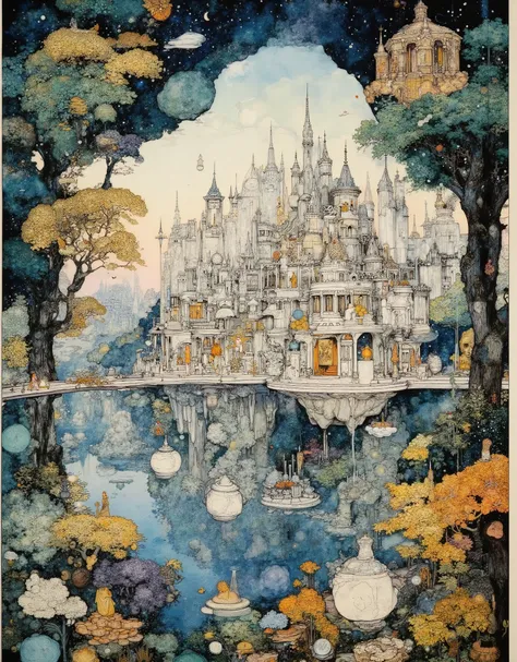 Utopian paradise, a perfect artificial world: A floating city of crystalline spires and organic marble bridges, suspended above an endless garden of bioluminescent flowers and golden fruit trees. The air shimmers with gentle light, and translucent guardian...