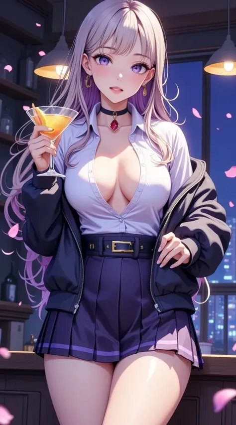  (obra maestra,  computer, mejor quality,  Clear focus, shadow, anime-style, ultra high resolution, 8K, perfect anatomy, perfect face, (detailed face), (  Detailed eye  ), punctuation_9, punctuation_8_above, punctuation_7_above, punctuation_6_above, punctuation_5_above, punctuation_4_above,  source _animated, Label 1, Label2, quality_obra maestra, anatomically correct, beautiful face, perfect face, Beautiful and highly detailed face and eyes, Attractive face, detailed face, delicate facial features, detailed skin, huge breasts, breast size cup D or DD, wide hips, gigantic butt, thick thighs. looking at the spectator. Anime style illustration of a beautiful woman with an elegant and sensual look. An anime girl with a semi-realistic style in a nocturnal and urban environment, standing in an elegant bar with city lights in the background.  has long , platinum blonde with dark purple tips, big eyes and bright red, and a flirty and confident expression. } He wears a partially open white shirt that reveals a pronounced neckline, accompanied by a short skirt with a Scottish design in shades of purple and black. She wears a black bomber jacket that falls over her shoulders and a wide purple belt. In one hand she holds a cocktail glass with yellow drink and a slice of lemon. She wears a black choker-like necklace with a red pendant in the shape of a drop, gold earrings, and has a sensual aura with petals floating around her. Soft lighting with bright reflections on the skin and shiny details in the environment.