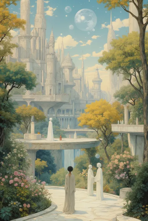 Utopian paradise, a perfect artificial world: A floating city of crystalline spires and organic marble bridges, suspended above an endless garden of bioluminescent flowers and golden fruit trees. The air shimmers with gentle light, and translucent guardian...