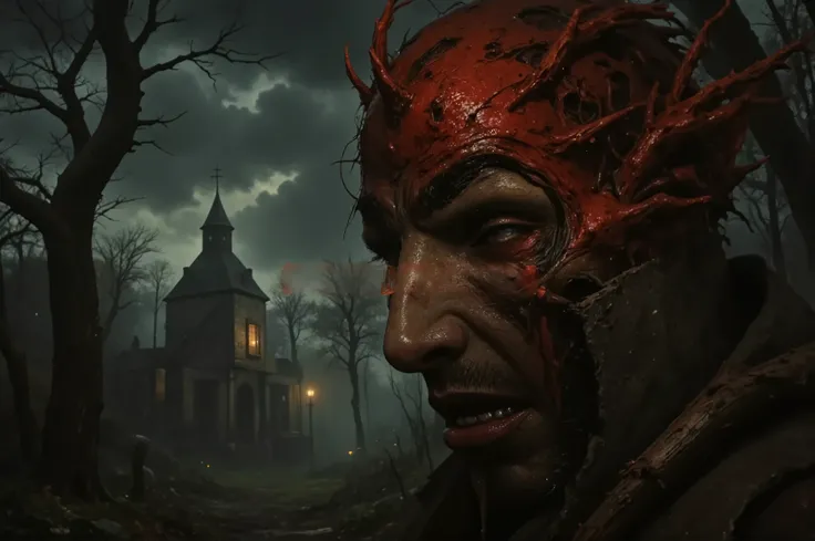 a blood-soaked forest glade and ancient ruins. The ruins. The unsettling atmosphere is liminal, violent, and filled with despair, conveying a detailed, dystopian ambience of decay. A stone building sits in the forest, featuring ancient, overgrown ruins an...