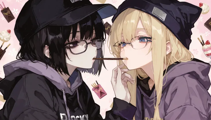 2girls, (one girl with blue eyes and blonde hair wearing purple hoodie), (one girl with short black hair and dark eyes wearing a black cap and glasses and a black hoodie), dessert magazine pastel background, feeding pocky stick to each other, masterpiece, ...