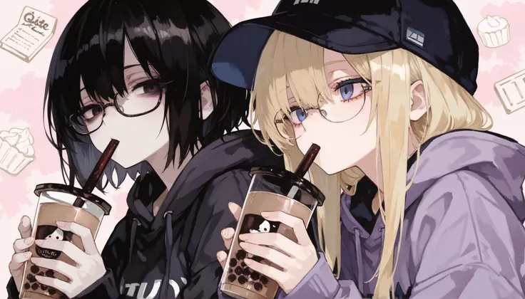 2girls, (one girl with blue eyes and blonde hair wearing purple hoodie), (one girl with short black hair and dark eyes wearing a black cap and glasses and a black hoodie), dessert magazine pastel background, holding boba tea, masterpiece, beautiful
