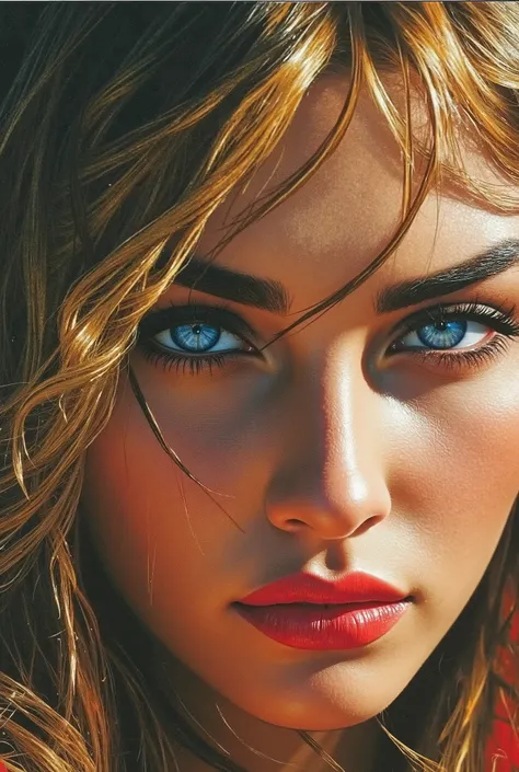 magnificent, photorealistic watercolour image in the style of a movie poster, crisp lines, an extreme closeup image of the eyes of a stunning oriental young woman, blonde loose hair, red lips, dark eyeshadow