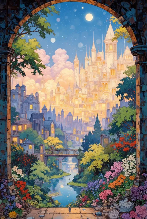View through the keyhole. A utopian paradise, a perfect artificial world: a floating city with crystal spires and organic marble bridges suspended above an endless garden of bioluminescent flowers and golden fruit trees. The air shimmers with gentle light,...