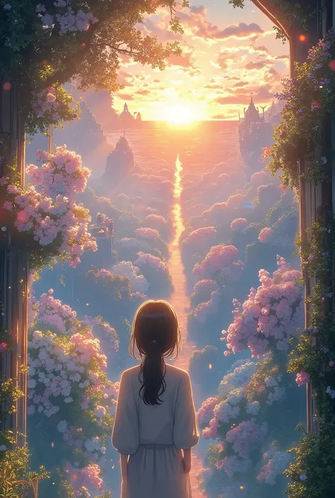 View through the keyhole. A utopian paradise, a perfect artificial world: a floating city with crystal spires and organic marble bridges suspended above an endless garden of bioluminescent flowers and golden fruit trees. The air shimmers with gentle light,...