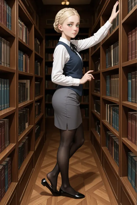 masterpiece,best quality,amazing quality,very aesthetic,absurdres,newest, indoors, library, solo, from side, british schoolgirl, looking at viewer, perfect face, flustered, glare, green eyes, wide eyes, button nose, small mouth, very short hair, blonde hai...