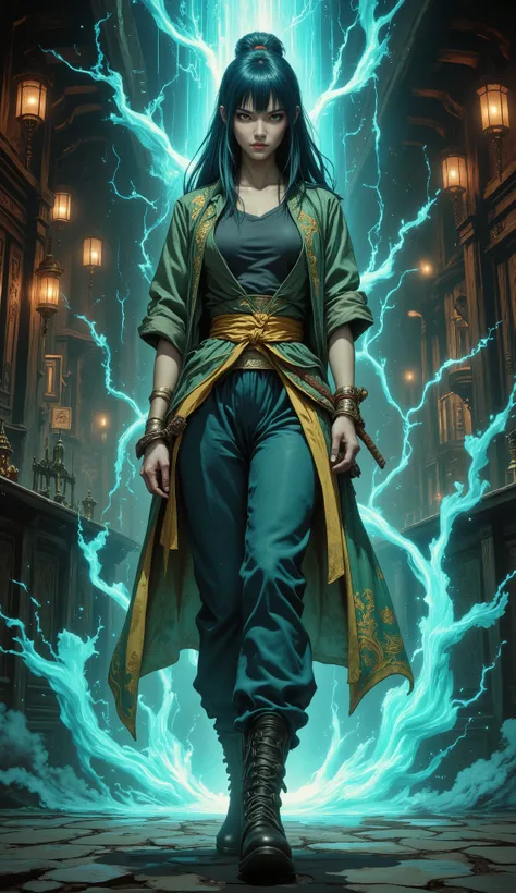 (masterpiece, best quality, ultra-detailed, 8k resolution, sharp focus, professional illustration, cinematic lighting), full body shot, dynamic low-angle, anatomically correct, 5 fingers.
A tall, statuesque young woman, a fantasy wuxia heroine exuding an a...