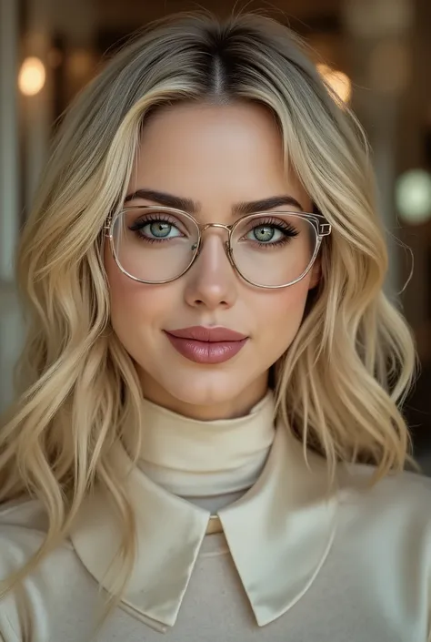 arafed woman wearing a collared satin blouse under a crewneck sweater, warm smile, gorgeous eyes, glasses