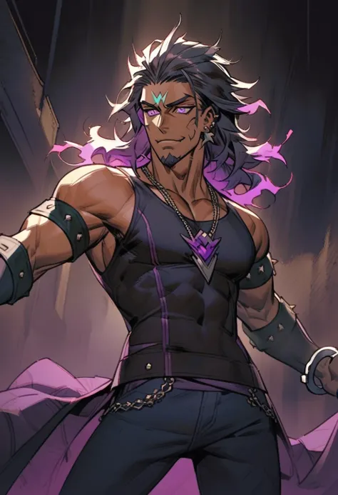 

Young man, Pierce Dawnstar, lean and athletic build, confident smirk, expressive slightly raised eyebrows, rectangular face, strong jawline, defined cheekbones, neatly trimmed goatee, long very wavy black hair with vibrant fiery purple highlights, pierci...