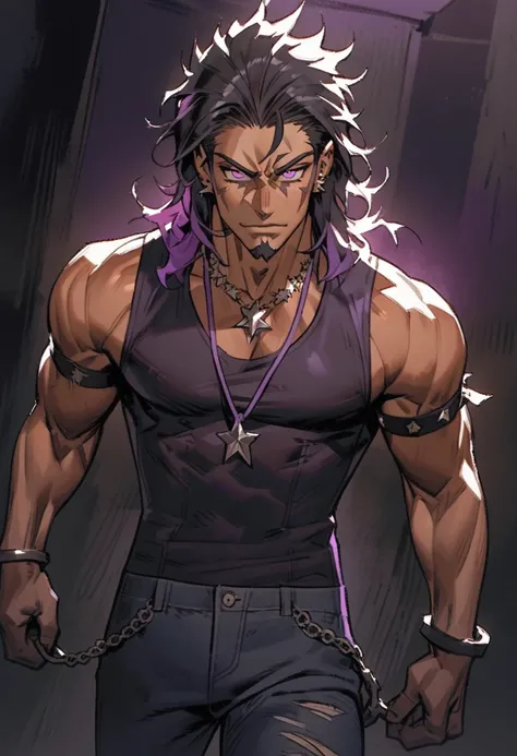 

Young man, Pierce Dawnstar, lean and athletic build, confident smirk, expressive slightly raised eyebrows, rectangular face, strong jawline, defined cheekbones, neatly trimmed goatee, long very wavy black hair with vibrant fiery purple highlights, pierci...