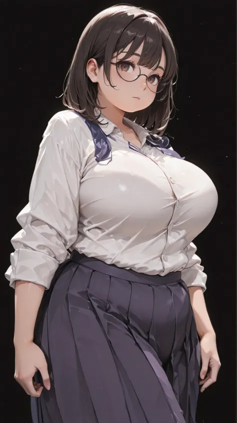 Shelley Gee, (masterpiece, Best Quality, high resolution: 1.2), , Alone, brown eyes、chubby body、Super Big Breasts、big waist、cylindrical body type、No facial expression、 jet black background 、dark haired、Fat body 、Bang、plump body、
pose with movement、big brea...