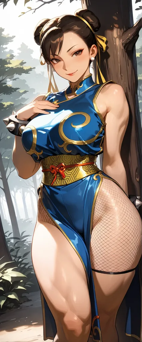1 woman, chun li, dutch angle, brown hair, brown eyes, seductive ninja outfit, fishnets, thicc thighs, seductive pose, seductive smile, outdoors, standing on a tree branch, forest, masterpiece, high quality, highly detailed