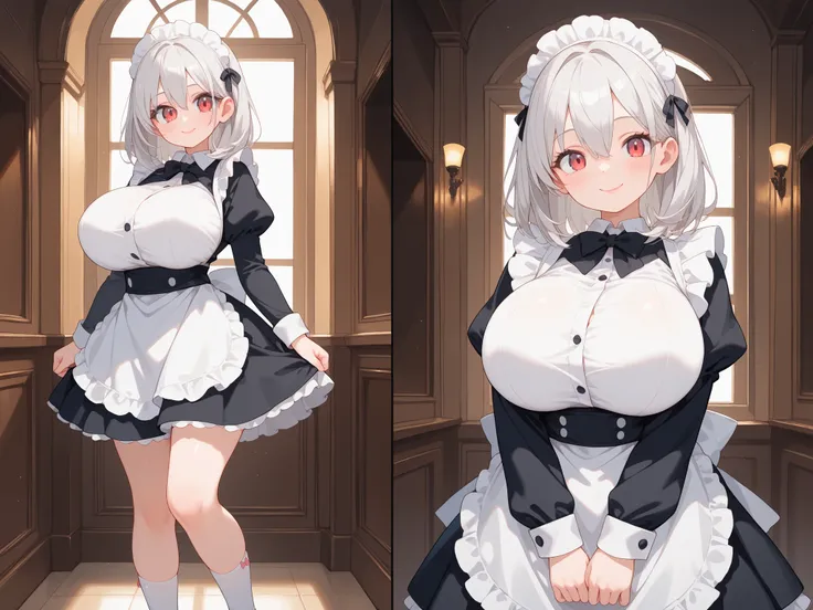 Masterpiece, Top Quality, 1 girl, (big round anime eyes), long eyelashes, cute style, maid, standing, silver hair, medium hair, hairs between eyes, red eyes, (huge breasts), white socks, pink lips, right smile