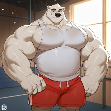 Solo, Male, polar bear, (short hair, snout), messy fur, messy hair, smirking, notched ear, by Bebebebebe, by Spikes, By Walt Disney, standing, tank top, gym shorts, gym shoes, looking at viewer, Dilf, Daddy, father figure, mature male, hunk, pecs, very det...