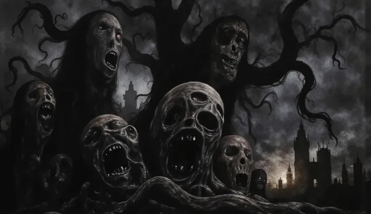 Eldritch horror, dark surreal, tentacles, skulls, eerie shadows, darkness, fog, twisted trees, dark temple background, high detail, masterpiece.