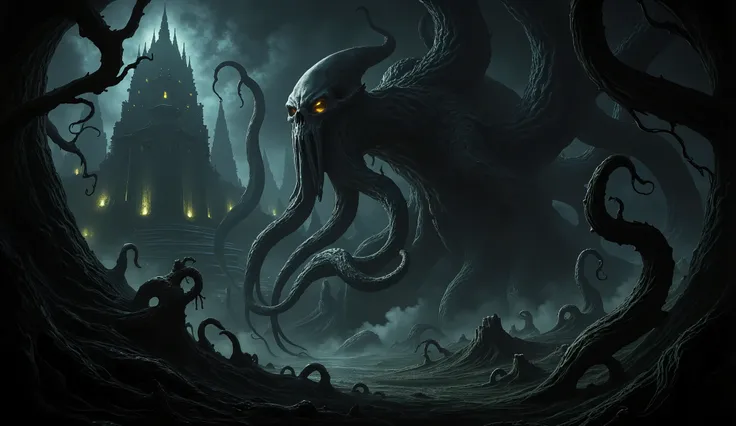 Eldritch horror, dark surreal, tentacles, skulls, eerie shadows, darkness, fog, twisted trees, dark temple background, high detail, masterpiece.