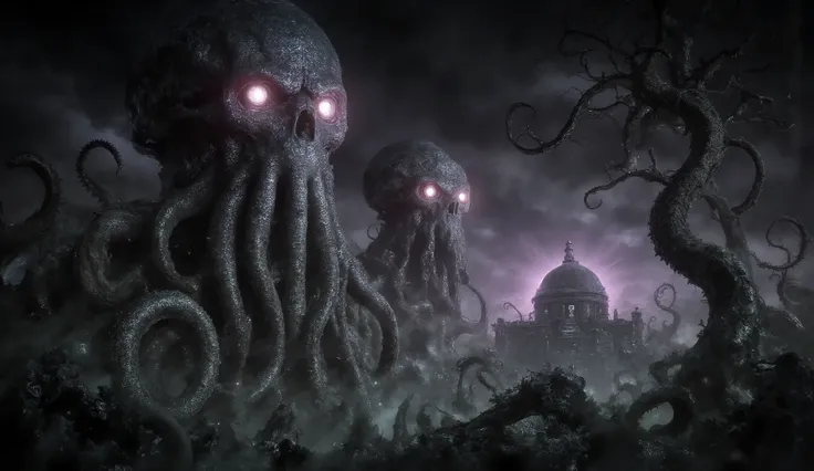 Eldritch horror, dark surreal, tentacles, skulls, eerie shadows, darkness, fog, twisted trees, dark temple background, high detail, masterpiece.