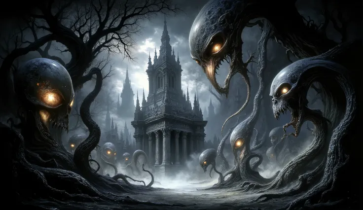 Eldritch horror, dark surreal, tentacles, skulls, eerie shadows, darkness, fog, twisted trees, dark temple background, high detail, masterpiece.