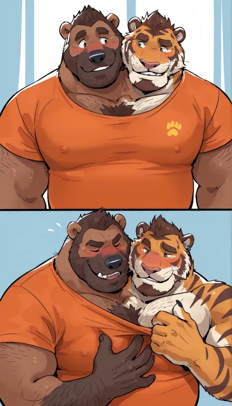 2 panel comic of bear and tiger entering room and exiting conjoined, (orange manly tiger and dark brown bear conjoined) half orange fur half dark brown fur,  looking at eachother,  ((two heads one body)), conjoined, tiger is teasing, solo, adult, shy, coac...