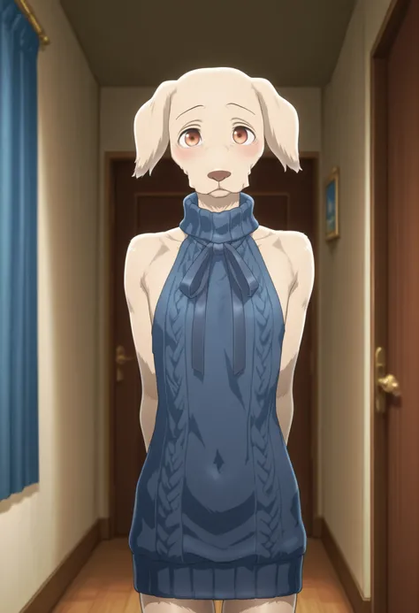 Jack(BEASTARS)、LABRADOR RETRIEVER、male focus、Orange Eyes、Fur、solo、Slim、Blue Virgin Killer Sweater、hands crossed behind back、Blush、smiling、in the room