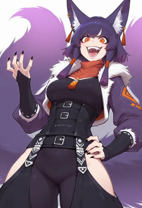 gorgeous kitsune girl, beautiful face, playful pose, kitsune, hair of purple gradient fading to white, fur covered body, short fur on body, claws, hunter girl, orange eyes, red slit pupils, personalami style, volputrous body, medium breasts, slim and athle...
