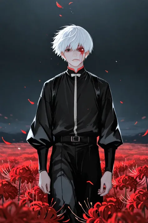 Vertical illustration of Kaneki Ken from Tokyo Ghoul, extending his hand gently toward Touka Kirishima, who stands just out of reach. Kaneki wears his iconic black outfit with his white hair slightly tousled by the wind, a soft, melancholic expression on his face. Touka looks at him with a conflicted yet tender gaze. The background is a surreal, dreamlike field filled entirely with blooming red spider lilies (Lycoris radiata), petals floating in the air. The color palette is rich in crimson, deep blacks, and soft twilight blues. Light filters through softly, enhancing the emotional tension. High detail anime style, dramatic lighting, elegant composition, cinematic atmosphere.

Aspect Ratio: 9:16 (vertical)
