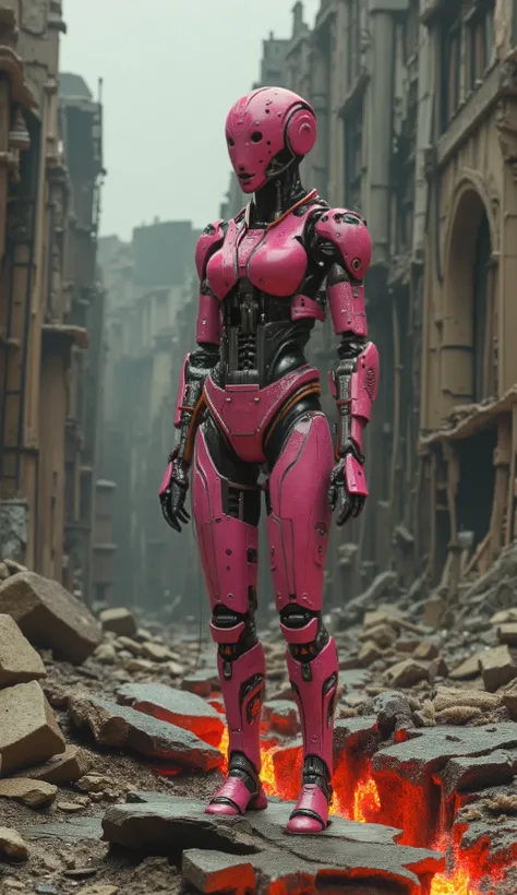 A pink female android stands in a desolate, ruined city.  Lava flows through cracks in the decaying stone buildings. The android is highly detailed, with visible mechanical joints and a sleek, futuristic design. The scene is moody and atmospheric, with a g...