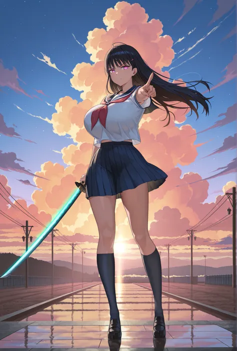 A Japanese high school girl, massive huge Breasts, wearing a traditional sailor school uniform (seifuku), standing confidently. She is holding a katana upright, pointing it directly toward the viewer. Her expression is serious and focused, with the wind ge...