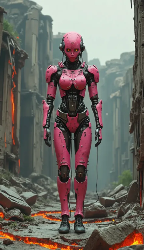 A pink female android stands in a desolate, ruined city.  Lava flows through cracks in the decaying stone buildings. The android is highly detailed, with visible mechanical joints and a sleek, futuristic design. The scene is moody and atmospheric, with a g...