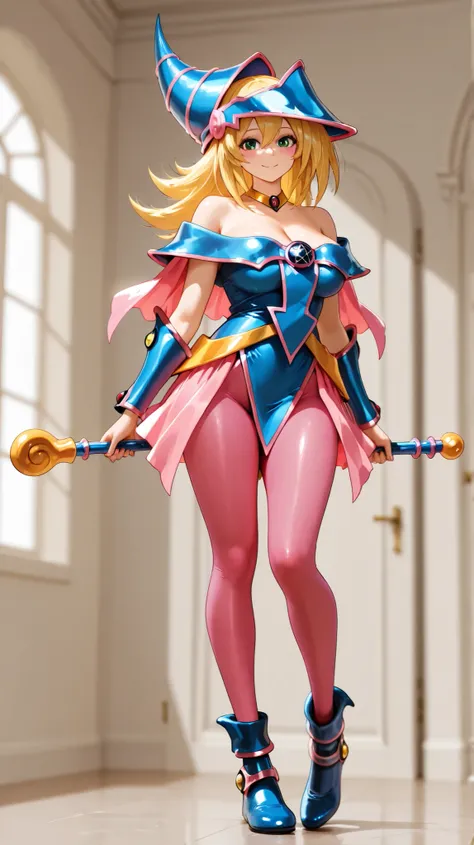 full body:1.0, Dark magician girl, dark magician girl outfit, blue flats shoes with pink bow, shoeplay:1.0, shiny dense pink pantyhose:1.0, long eyelashes, fine fabric emphasis, photorealistic details, perfect face, detailed face, detailed eyes, depth of f...
