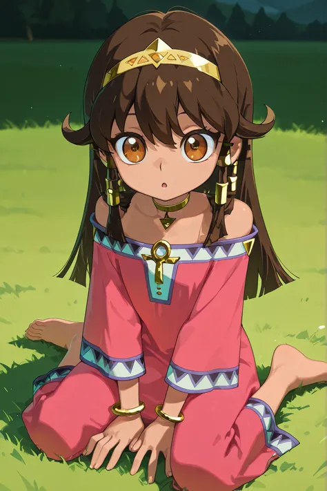 best quality, masterpiece, 1girl, aasera, long hair, brown hair, hair tubes, gold hairband, dark-skinned female, brown eyes, choker, necklace, off-shoulder dress, pink dress, bracelet,  anime coloring, grass, field, wariza, :o, barefoot,