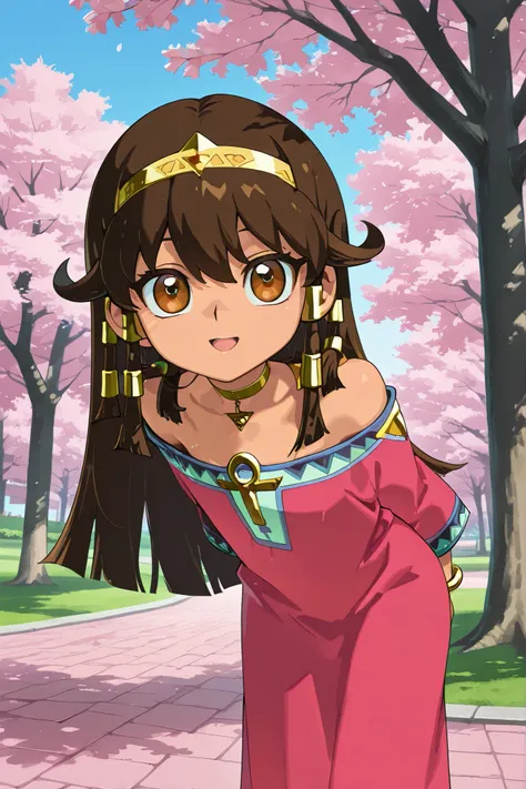 best quality, masterpiece, 1girl, aasera, long hair, brown hair, hair tubes, gold hairband, dark-skinned female, brown eyes, choker, necklace, off-shoulder dress, pink dress, bracelet,  anime coloring, arms behind back, leaning forward, standing, outdoors,...