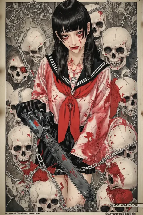 ((This is a vintage movie poster for the film "JK Chainsaw":1.5)),1960's poster,as she wields a chainsaw,blood on face,blood splatter,1 アンドロジナス,Alone,美しい顔,釣り目,黒 hair,long hair,ボブカット,crazy grin,heavy make up,open mouth,blood on mouth,((wearing Japanese scho...