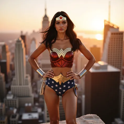 Wonder Woman in her classic 1975 Lynda Carter costume, standing confidently atop a tall city building at sunset. She wears the iconic star-spangled blue shorts, red strapless bustier with golden eagle emblem, and a golden tiara with a red star — all with a...