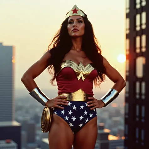 Wonder Woman in her classic 1975 Lynda Carter costume, standing confidently atop a tall city building at sunset. She wears the iconic star-spangled blue shorts, red strapless bustier with golden eagle emblem, and a golden tiara with a red star — all with a...