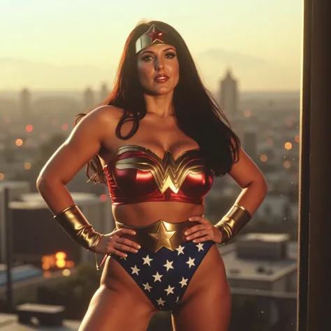 Wonder Woman in her classic 1975 Lynda Carter costume, standing confidently atop a tall city building at sunset. She wears the iconic star-spangled blue shorts, red strapless bustier with golden eagle emblem, and a golden tiara with a red star — all with a...