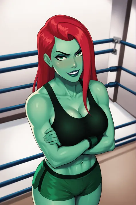 PoisonIvyCartoon, BREAK, score_8_up, score_7_up, score_6_up, score_9, 1girl, lipstick, makeup, large breasts, cleavage, green eyes, green skin, colored skin, long red hair, black lips, curvy, athletic, determined expression, bedroom eyes, smile, closed mou...
