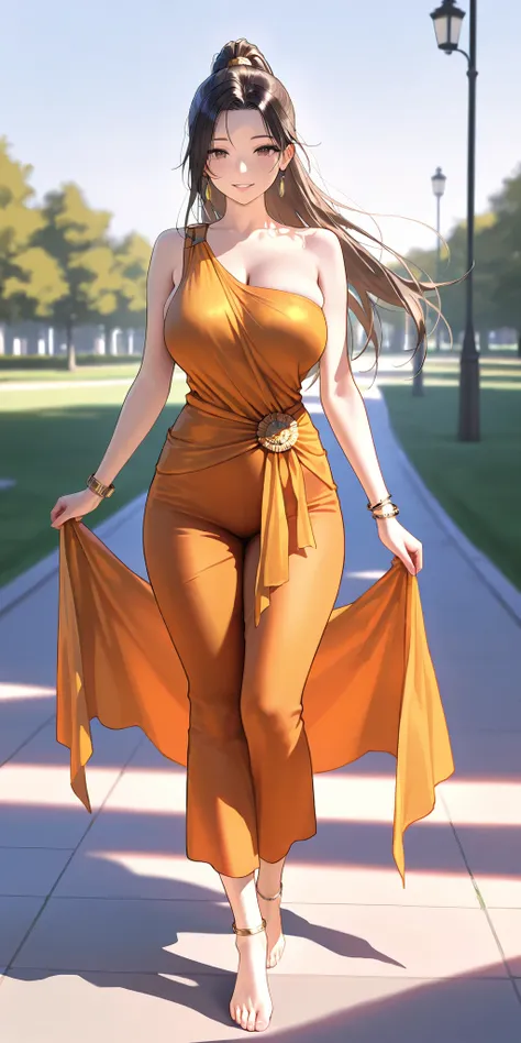 Masterpiece, newest, vibrant, very aesthetic, high contrast, beautiful girl, straight hair, high ponytail long hair, parted lips, smile, perfect body, big breast, saree, bracelet, anklet, bare foot, full body, walking, park, best quality, realistic face, r...